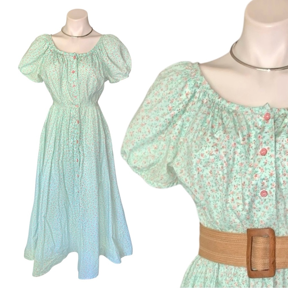 v i n t a g e :: Whimsical Floral Peasant Puff Sleeve Maxi Dress